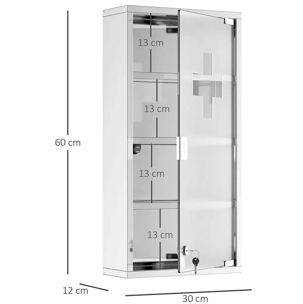 Armoire à pharmacie 3 étagères 4 niveaux 30L x 12l x 60H cm porte verre trempé symbole croix acier inoxydable brossé
