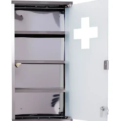 Armoire à pharmacie 3 étagères 4 niveaux 30L x 12l x 60H cm porte verre trempé symbole croix acier inoxydable brossé