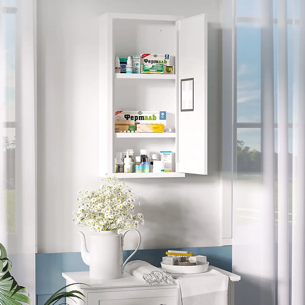 Armoire à pharmacie 2 étagères 3 niveaux dim. 30L x 12l x 60H cm logo croix transparent acier blanc
