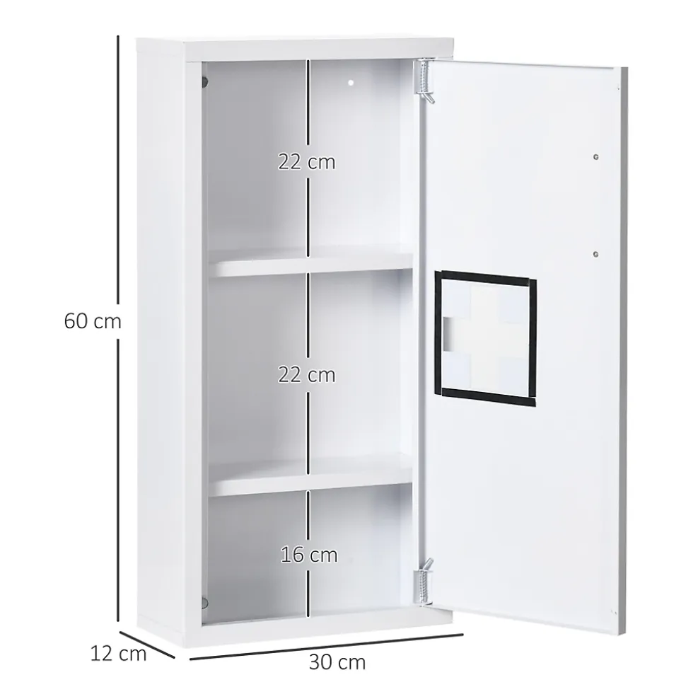 Armoire à pharmacie 2 étagères 3 niveaux dim. 30L x 12l x 60H cm logo croix transparent acier blanc