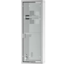 Armoire à pharmacie 2 étagères 3 niveaux 20L x 12l x 58H cm porte verre trempé symbole croix acier inox.