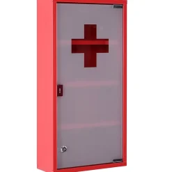 Armoire à pharmacie 3 étagères 4 niveaux verrouillable porte verre trempé dépoli logo croix 30L x 12l x 60H cm acier inox rouge