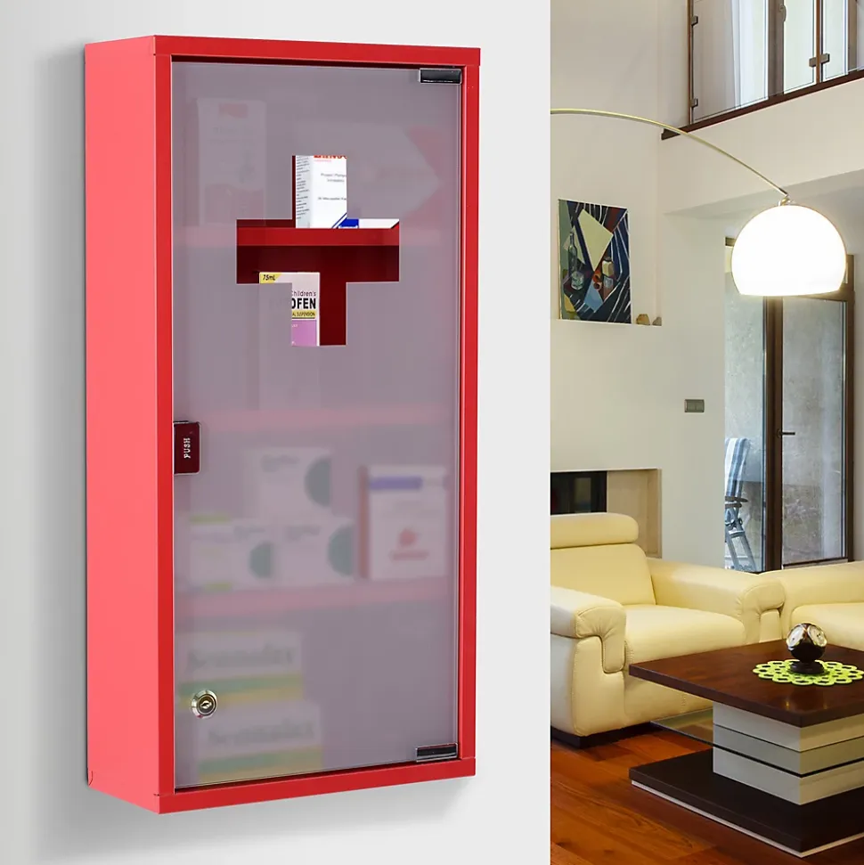 Armoire à pharmacie 3 étagères 4 niveaux verrouillable porte verre trempé dépoli logo croix 30L x 12l x 60H cm acier inox rouge