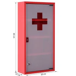 Armoire à pharmacie 3 étagères 4 niveaux verrouillable porte verre trempé dépoli logo croix 30L x 12l x 60H cm acier inox rouge