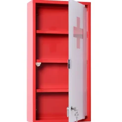 Armoire à pharmacie 3 étagères 4 niveaux verrouillable porte verre trempé dépoli logo croix 30L x 12l x 60H cm acier inox rouge