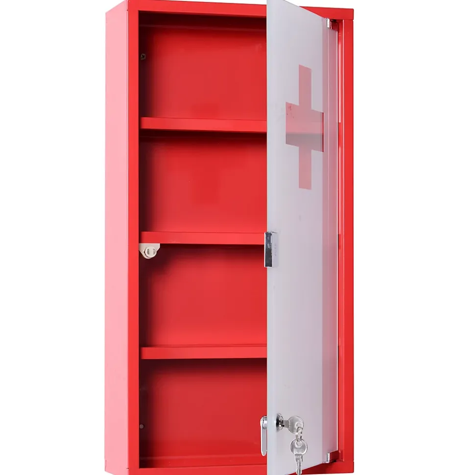 Armoire à pharmacie 3 étagères 4 niveaux verrouillable porte verre trempé dépoli logo croix 30L x 12l x 60H cm acier inox rouge