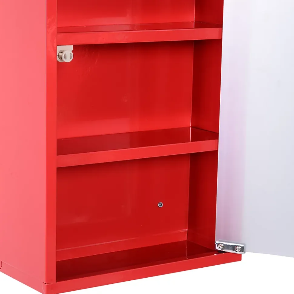 Armoire à pharmacie 3 étagères 4 niveaux verrouillable porte verre trempé dépoli logo croix 30L x 12l x 60H cm acier inox rouge