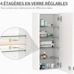 Armoire à pharmacie murale verrouillable - 5 niveaux - verre panneaux blanc