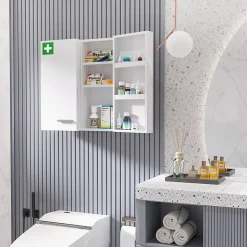 Armoire à pharmacie murale verrouillable 2 portes 6 étagères 6 compartiments dim. 55 x 18 x 60 cm acier blanc