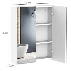 Armoire avec miroir en bois rangement salle de bain fermeture porte tampon MDF blanc