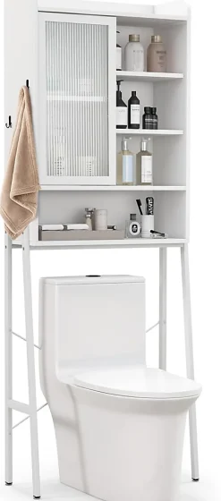 Armoire de Rangement Au-Dessus Toilettes Porte Coulissante Etagere Reglables Meuble WC Autoportant Cadre en Metal Blanc