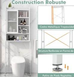 Armoire de Rangement Au-Dessus Toilettes Porte Coulissante Etagere Reglables Meuble WC Autoportant Cadre en Metal Blanc