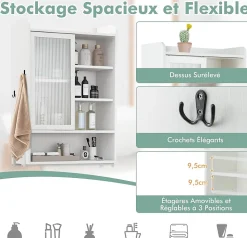 Armoire de Rangement Au-Dessus Toilettes Porte Coulissante Etagere Reglables Meuble WC Autoportant Cadre en Metal Blanc