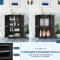 Armoire de Rangement de Salle de Bain, Armoire sur Sol avec 4 Portes, 2 Étagères Réglables et Détachables,60 x 30 x 110 CM (Noir)