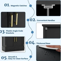 Armoire de Rangement de Salle de Bain, Armoire sur Sol avec 4 Portes, 2 Étagères Réglables et Détachables,60 x 30 x 110 CM (Noir)