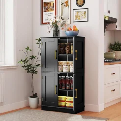 Armoire de Rangement de Salle de Bain, Armoire sur Sol avec 4 Portes, 2 Étagères Réglables et Détachables,60 x 30 x 110 CM (Noir)