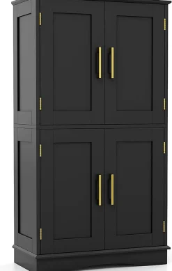 Armoire de Rangement de Salle de Bain, Armoire sur Sol avec 4 Portes, 2 Étagères Réglables et Détachables,60 x 30 x 110 CM (Noir)