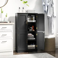 Armoire de Rangement de Salle de Bain, Armoire sur Sol avec 4 Portes, 2 Étagères Réglables et Détachables,60 x 30 x 110 CM (Noir)