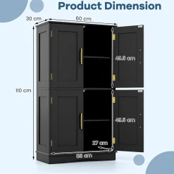 Armoire de Rangement de Salle de Bain, Armoire sur Sol avec 4 Portes, 2 Étagères Réglables et Détachables,60 x 30 x 110 CM (Noir)