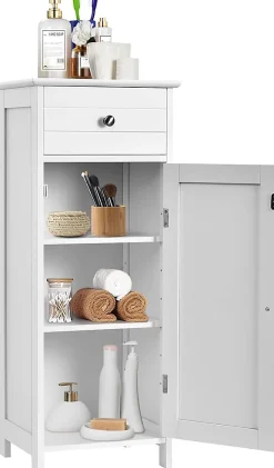 Armoire de Rangement pour Salle de Bain Meuble de Toilette sur Pied en MDF avec Tiroir et 2 Etagere Reglable a Hauteurs