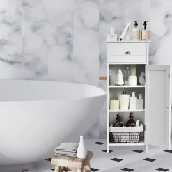 Armoire de Rangement pour Salle de Bain Meuble de Toilette sur Pied en MDF avec Tiroir et 2 Etagere Reglable a Hauteurs