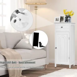 Armoire de Rangement pour Salle de Bain Meuble de Toilette sur Pied en MDF avec Tiroir et 2 Etagere Reglable a Hauteurs