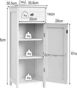 Armoire de Rangement pour Salle de Bain Meuble de Toilette sur Pied en MDF avec Tiroir et 2 Etagere Reglable a Hauteurs
