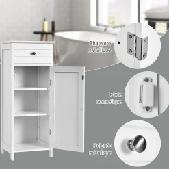 Armoire de Rangement pour Salle de Bain Meuble de Toilette sur Pied en MDF avec Tiroir et 2 Etagere Reglable a Hauteurs