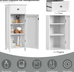 Armoire de Rangement pour Salle de Bain Meuble de Toilette sur Pied en MDF avec Tiroir et 2 Etagere Reglable a Hauteurs