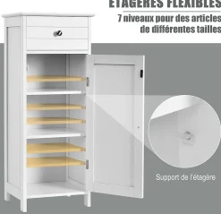Armoire de Rangement pour Salle de Bain Meuble de Toilette sur Pied en MDF avec Tiroir et 2 Etagere Reglable a Hauteurs