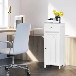 Armoire de Rangement pour Salle de Bain Meuble de Toilette sur Pied en MDF avec Tiroir et 2 Etagere Reglable a Hauteurs