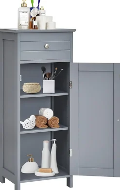 Armoire de Rangement pour Salle de Bain Meuble de Toilette sur Pied en MDF avec Tiroir et 2 Etagere Reglable a Hauteurs