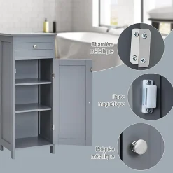Armoire de Rangement pour Salle de Bain Meuble de Toilette sur Pied en MDF avec Tiroir et 2 Etagere Reglable a Hauteurs