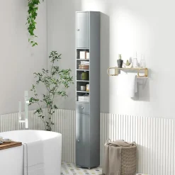 Armoire de Salle de Bain Haut avec 2 Portes 1 Tiroir 5 Etageres Reglables Dispositif Anti-basculement Meuble Colonne Rangement