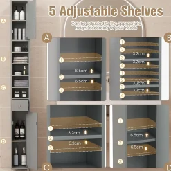 Armoire de Salle de Bain Haut avec 2 Portes 1 Tiroir 5 Etageres Reglables Dispositif Anti-basculement Meuble Colonne Rangement