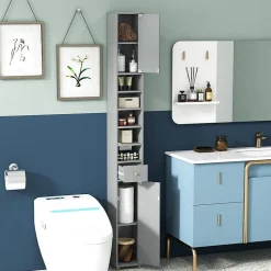 Armoire de Salle de Bain Haut avec 2 Portes 1 Tiroir 5 Etageres Reglables Dispositif Anti-basculement Meuble Colonne Rangement