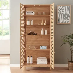 Armoire de salle de bain Raurgela bambou 180 x 80 x 40 cm naturel en.casa
