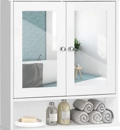 Armoire de Salle de Bain Murale avec Miroir, Armoire Suspendue avec étagère Réglable, 2 Porte&3 étagère, 56x13x58CM,Blanc