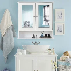 Armoire de Salle de Bain Murale avec Miroir, Armoire Suspendue avec étagère Réglable, 2 Porte&3 étagère, 56x13x58CM,Blanc