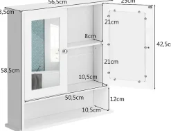 Armoire de Salle de Bain Murale avec Miroir, Armoire Suspendue avec étagère Réglable, 2 Porte&3 étagère, 56x13x58CM,Blanc