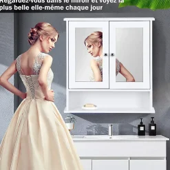 Armoire de Salle de Bain Murale avec Miroir, Armoire Suspendue avec étagère Réglable, 2 Porte&3 étagère, 56x13x58CM,Blanc
