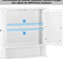 Armoire de Salle de Bain Murale avec Miroir, Armoire Suspendue avec étagère Réglable, 2 Porte&3 étagère, 56x13x58CM,Blanc