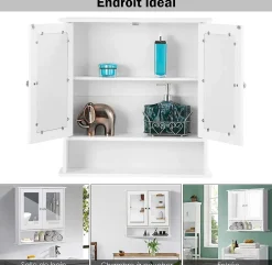 Armoire de Salle de Bain Murale avec Miroir, Armoire Suspendue avec étagère Réglable, 2 Porte&3 étagère, 56x13x58CM,Blanc