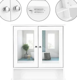 Armoire de Salle de Bain Murale avec Miroir, Armoire Suspendue avec étagère Réglable, 2 Porte&3 étagère, 56x13x58CM,Blanc