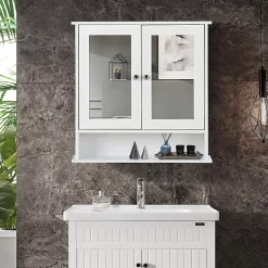 Armoire de Salle de Bain Murale avec Miroir, Armoire Suspendue avec étagère Réglable, 2 Porte&3 étagère, 56x13x58CM,Blanc
