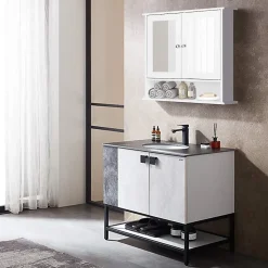 Armoire de Salle de Bain Murale avec Miroir, Armoire Suspendue avec étagère Réglable, 2 Porte&3 étagère, 56x13x58CM,Blanc