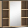 Armoire de salle de bain avec miroir, 6 compartiments ouverts, étagère à 3 niveaux, fixation murale, chêne