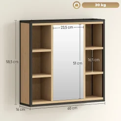 Armoire de salle de bain avec miroir, 6 compartiments ouverts, étagère à 3 niveaux, fixation murale, chêne