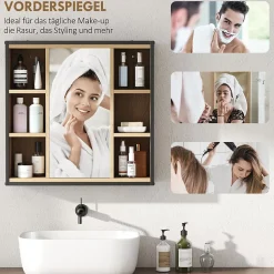 Armoire de salle de bain avec miroir, 6 compartiments ouverts, étagère à 3 niveaux, fixation murale, chêne