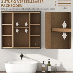 Armoire de salle de bain avec miroir, 6 compartiments ouverts, étagère à 3 niveaux, fixation murale, chêne